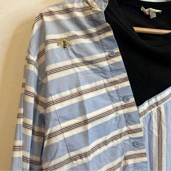 Maje Laivi Layered Button Up Collared Striped Dress Shirt Blue White - Picture 4 of 8